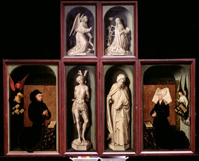 The Last Judgement when closed, depicting the donors Chancellor Nicholas Rolin and his Wife, Guigone de Salins, The Annunciation, St. Sebastian and St. Anthony the Great, c.1445-50 by Rogier van der Weyden